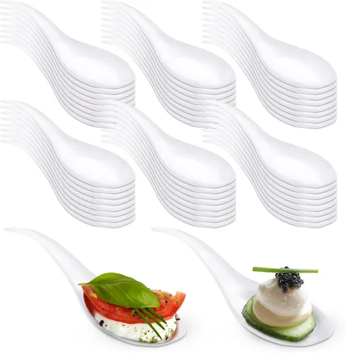 Vista 8 de Cucharas de degustación de lágrimas, 50 cucharas desechables de plástico negro, ideal para aperitivos, postres, salsas, salsas y más