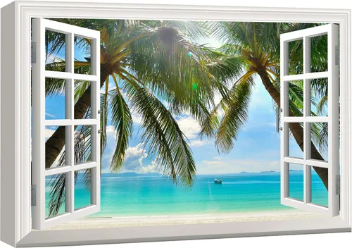 Vista 15 de wall26 - Cuadro en lienzo para pared, vista de ventana, atardecer neón, cielo, palmera tropical, playa, naturaleza, desierto, fotografía, realismo