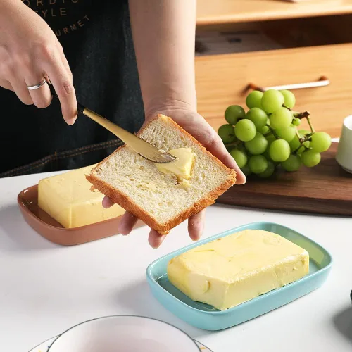 Vista 4 de Sweejar - Mantequillera de cerámica con tapa para encimera, mantequera de porcelana con asa de perilla, recipiente de mantequilla para mantequilla