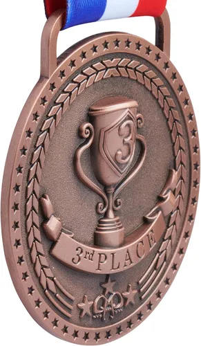 Vista 3 de Medallas de bronce dorado y plateado para premios de trofeo del 1er 2º y 3er lugar, acabado brillante o antiguo con cinta de satén roja, blanca