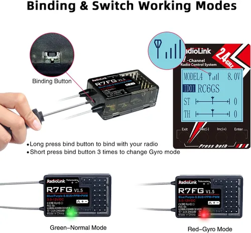 Vista 8 de Radiolink R7FG - Receptor de giroscopio de 7 canales, 2.4 GHz, telemetría integrada, control de largo alcance para RC coche, barco, transmisor