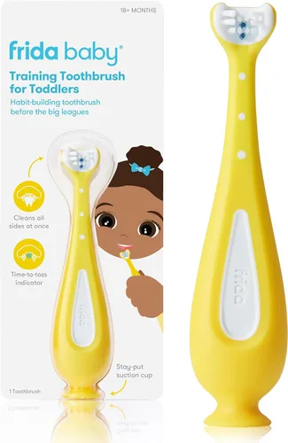 Vista 7 de Frida Baby Cepillo de dientes de entrenamiento para bebés con cerdas de silicona suave, amarillo