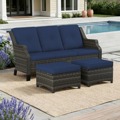 Vista 60 de Sofá de mimbre para patio al aire libre, sofá de 3 plazas, sofá de ratán con asiento profundo y cojines de olefina, respaldo alto, todo tipo de Beige