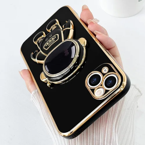 Vista 3 de Pepmune - Funda para iPhone 13 con soporte de astronauta 3D, color negro Luxury Electroplated Soft Silicone Cover with Holder, Lovely 3D Cartoon