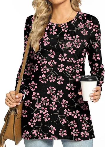Vista 2 de HOTGIFT Blusa de manga larga con cuello redondo para mujer, para otoño, invierno, holgada, cómoda, suave, con bolsillo
