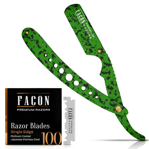 Vista 10 de Facón Navajas rectas para hombres - Kit de navaja de barbero profesional de borde recto con 100 cuchillas, afeitadora clásica de acero inoxidable El