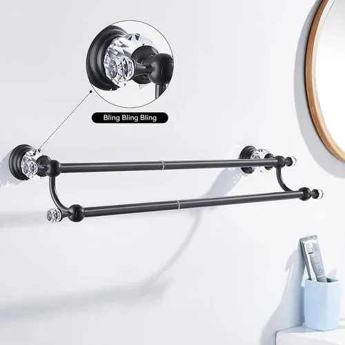 Vista 3 de WINCASE Toallero de cristal, toallero ajustable doble negro mate, colgador de toallas de baño, soporte para toallas montado en la pared