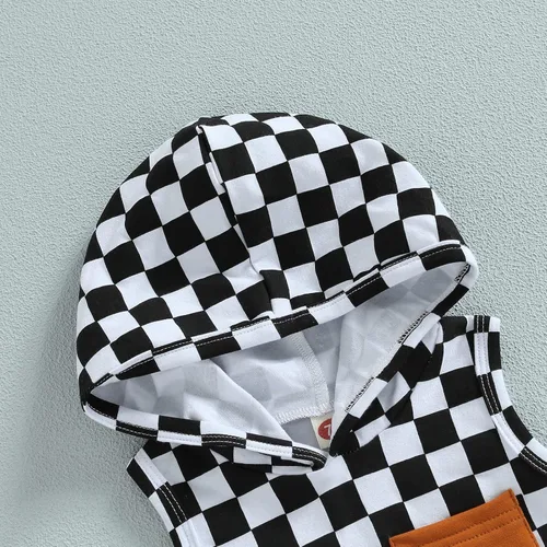 Vista 31 de Conjunto de ropa de verano para bebé niño y niño, diseño a cuadros, manga corta, sudadera con capucha y pantalones cortos casuales