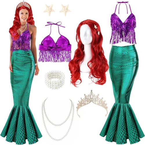 Vista 9 de 8 piezas de disfraz de sirena para mujer, disfraces de Halloween, lentejuelas brillantes, falda de sirena, peluca, vestido de princesa para adultos