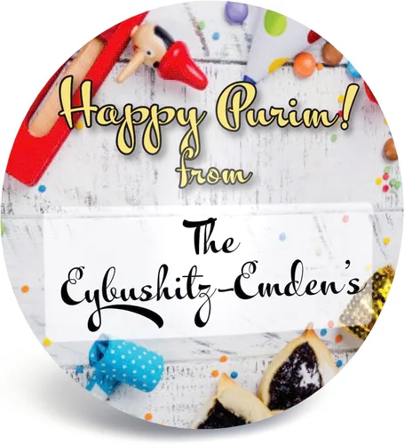 Vista 6 de Pegatinas Purim - Personalizadas para Shalach Manos, Elige tamaño, calidad y plantillas o sube las tuyas. Hechas en los Estados Unidos