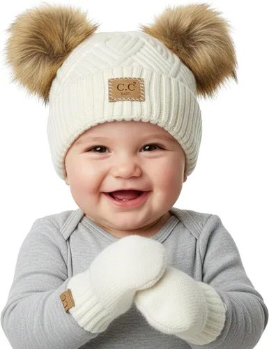 Vista 20 de Funky Junque Conjunto de gorro y mitones con doble pompón de pelo sintético para bebé – Gorro de invierno para recién nacidos de 0–9 meses
