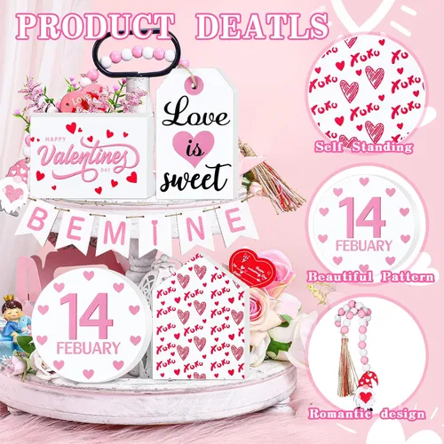 Vista 5 de 10 piezas de decoración de gnomos de San Valentín (bandeja no incluida), forma de corazón de madera de San Valentín y guirnalda de cuentas