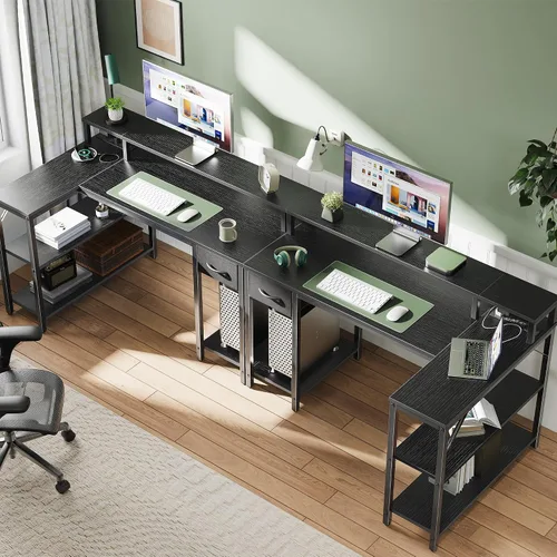 Vista 7 de SUPERJARE Escritorio para juegos en forma de L de 47 pulgadas con luces LED y tomas de corriente, escritorio reversible para computadora con Negro