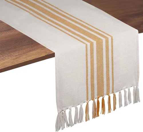 Vista 15 de Native Fab Camino de mesa a rayas grises – Mantel bohemio de 72 pulgadas de largo con borlas – 100% algodón, tejido apretado, mantel antideslizante