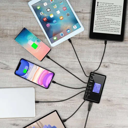 Vista 4 de Estación de carga USB de 60 W, 12 A, 8 puertos, cargador concentrador USB multipuerto, pantalla LCD de tamaño compacto, compatible con iPhone, iPad