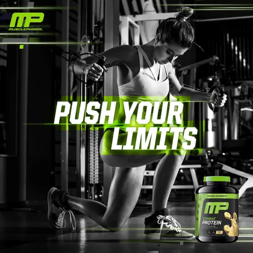 Vista 6 de MusclePharm Combat Protein Powder, sabor crema de plátano, alimenta los músculos para entrenamientos productivos, 5 fuentes de proteína incluyendo