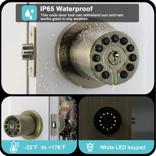 Vista 4 de iulock IU-20 Cerradura de puerta con código, pomo de puerta electrónico con teclado y llave, cerradura automática, resistente al agua, función