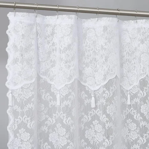 Vista 3 de ASATEX Cortina de ducha de encaje blanco. Cortina de baño de diseño floral clásico de 72 x 72 pulgadas con cenefa adjunta y borlas. Cortinas