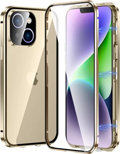 Vista 11 de Funda magnética transparente para iPhone 14 de vidrio con protector de lente de cámara, protector de pantalla integrado sensible al tacto Negro