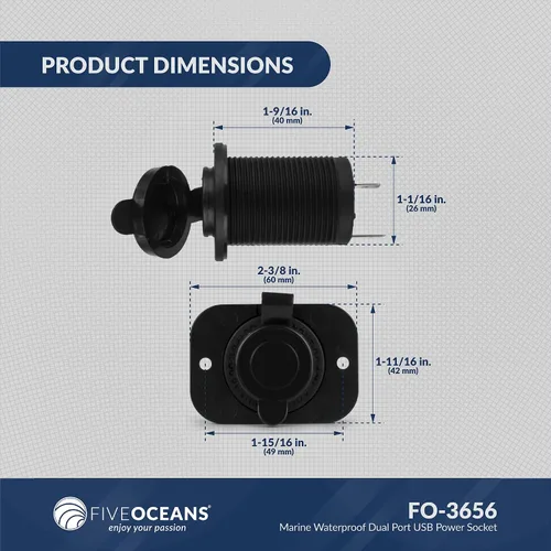 Vista 8 de Five Oceans Enchufe de alimentación USB de doble puerto impermeable marino, 12 voltios - 24 voltios, plástico ABS estabilizado UV, fácil