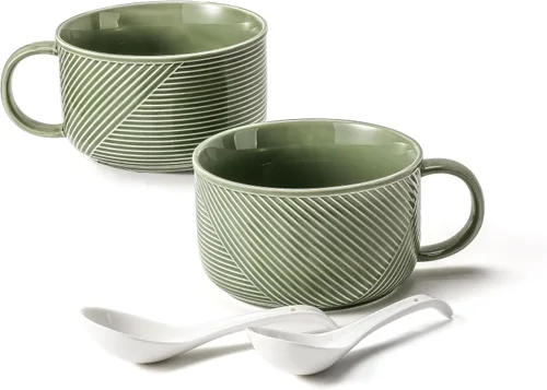 Vista 14 de Tazón de sopa de cerámica con asa, 38 oz apto para microondas Verde guisante