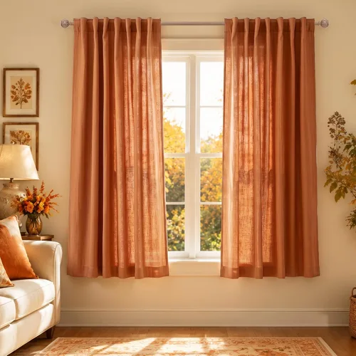 Vista 54 de Cortinas rústicas color beige tostado de 42 x 84 pulgadas de largo para sala de estar, juego de 2 paneles transparentes de lino natural, imitación