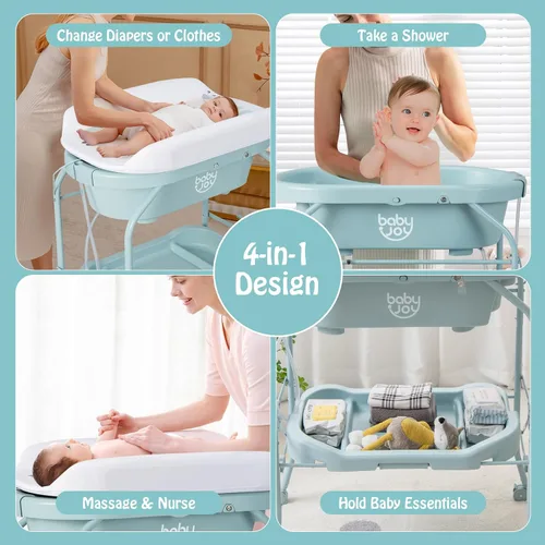 Vista 2 de BABY JOY Bañera para bebé con cambiador, estación plegable para cambiar pañales con bandeja de almacenamiento, almohadilla impermeable, organizador