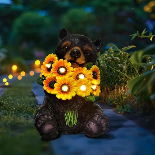 Vista 7 de Luces solares de jardín para exteriores, estatuas de oso negro con girasoles, decoración de escultura, regalos de madre para mujeres, hombres