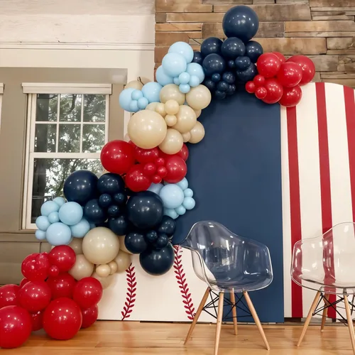 Vista 6 de Paquete de globos de béisbol con temática de béisbol, kit de arco de guirnalda de globos con temática de béisbol y globos de 12 pulgadas, azul