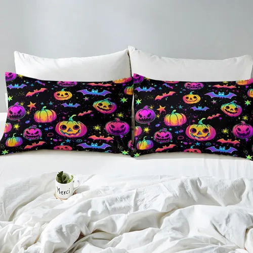 Vista 7 de Juego de sábanas de decoración de Halloween, tamaño individual, sábanas de calabaza arcoíris para niños y niñas con purpurina, calabaza, farol