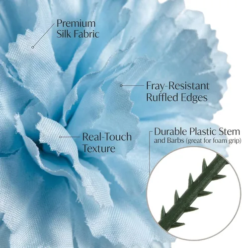 Vista 9 de Larksilk Real Touch - Púas de clavel de seda azul – 100 unidades a granel, cabezas de flores artificiales de 3.5 pulgadas con tallos de 5 pulgadas