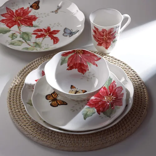Vista 2 de Lenox Butterfly Meadow Christmas Poinsettia - Vajilla de 12 piezas