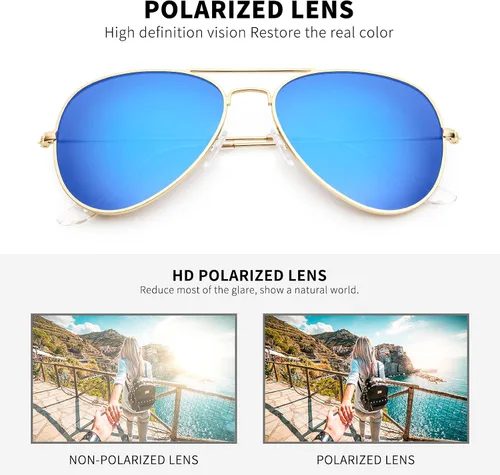 Vista 4 de livho Gafas de sol para hombres y mujeres, estilo aviador, polarizadas, de metal, espejo, protección UV 400, lentes (dorado púrpuraazul), Oro