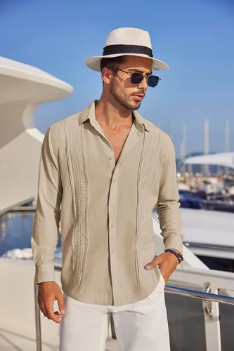 Vista 3 de COOFANDY Camisas de guayabera cubana para hombre, de manga larga, informal, con botones, de algodón, para la playa
