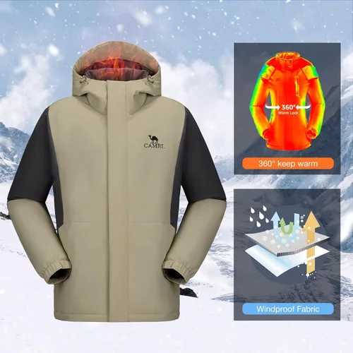 Vista 4 de CAMEL Chaqueta de esquí para hombre, abrigo de invierno, impermeable, chaqueta de snowboard cálida con capucha, parka resistente al viento, ropa