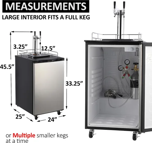 Vista 2 de Kegerator y enfriador de cerveza de barril, dispensador de cerveza de doble grifo, refrigerador de barril de tamaño completo con estantes, acero