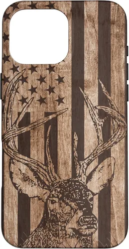 Vista 19 de Funda de madera para iPhone 16 con diseño de ciervo de cola blanca para caza cazador de bandera estadounidense