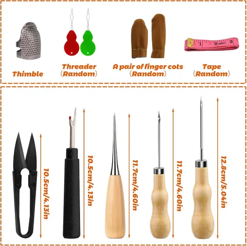 Vista 2 de Tikjiua Kit de costura de reparación de tapicería, 8 piezas de hilo encerado, agujas de coser de cuero, punzón de costura, dedal, kit de reparación