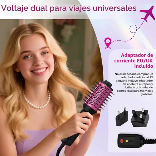 Vista 3 de Cepillo secador de pelo de viaje de doble voltaje (100 V-240 V), cepillo automático de aire caliente con enchufe UE y Reino Unido, cepillo secador