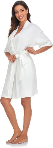 Vista 94 de COLORFULLEAF Bata de baño de manga corta para mujer, 100% algodón, longitud hasta la rodilla, con bolsillos