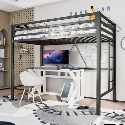 Vista 11 de ikalido - Cama tipo loft de metal, tamaño individual, con barandilla de seguridad y escalera, color blanco crema No necesita somier, muebles