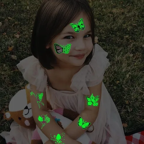 Vista 4 de CHARLENT Tatuajes de mariposa luminosos para niños, 14 hojas que brillan en la oscuridad, tatuajes temporales de hadas de mariposa para niñas