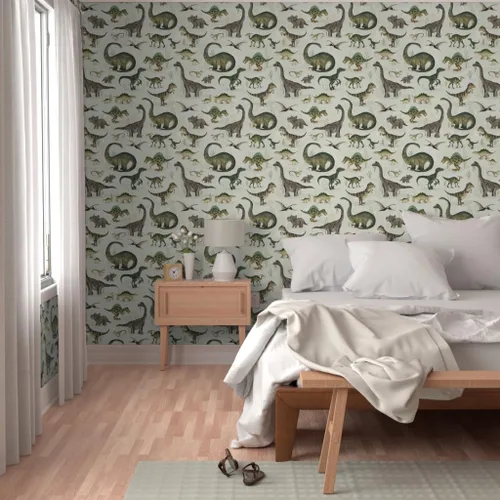 Vista 5 de Spoonflower Papel tapiz para despegar y pegar - Dinosaurios grandes Verde Niños Gris Animales Niños Ilustración Dino Papel pintado extraíble
