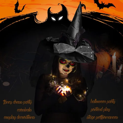 Vista 8 de Goetland - gorro de bruja con velos arañas y plumas para Halloween para mujer