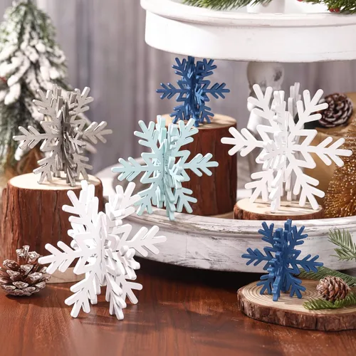 Vista 12 de Bucherry 12 piezas de decoración de mesa de copo de nieve de madera 3D con copos de nieve y centro de mesa para fiesta de congelados, Navidad