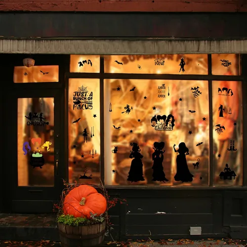 Vista 5 de Decoraciones de Hocus Pocus, calcomanías de ventana de Halloween, 9 hojas, 91 calcomanías de Hocus Pocus, calcomanías de silueta de ventana