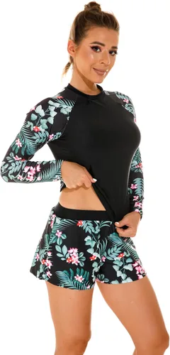 Vista 5 de Conjunto de tankini azteca de manga larga para mujer Negro Gl235