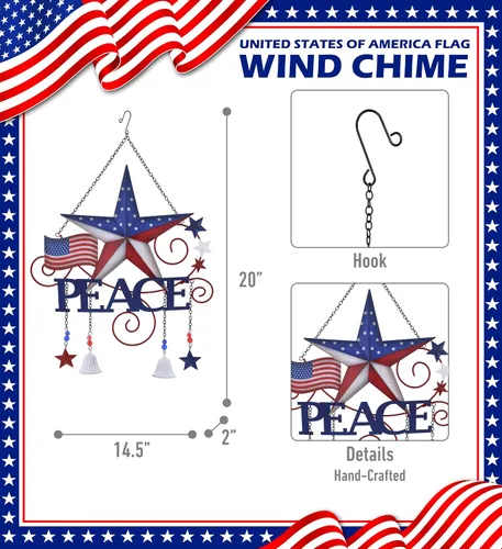 Vista 2 de CoTa Global Campanilla de viento de la paz con la bandera de Estados Unidos, diseño patriótico para interiores o exteriores, decoración del hogar