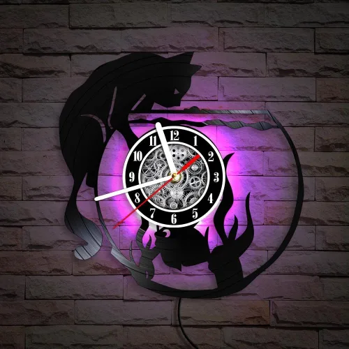 Vista 2 de The Geeky Days Reloj de pared con iluminación LED de gato negro con pecera, lámpara de noche para guardería, habitación de niños, gatito juguetón