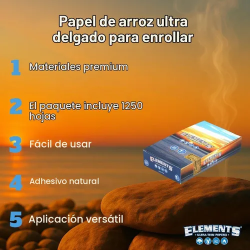 Vista 6 de Elements 1.25 1 1/4 tamaño ultradelgado. Papel de liar de arroz con cierre magnético completo, caja de 25